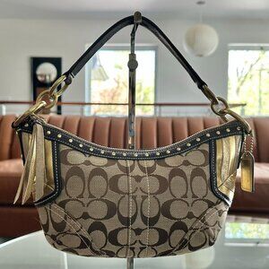 COACH Mini Zoe Studded Jacquard Signature  Logo Baguette Handbag Satchel Purse